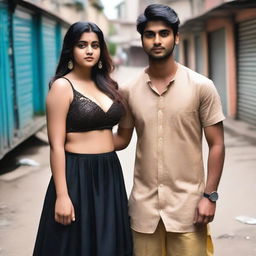 A very beautiful rich girl named Ananya, 21 years old from India, with brown straight hair, Caucasian skin, light makeup, huge round breasts, stocky big body, large butt, wearing a Punjabi black ball gown dress and bra, standing without gesture showing deep cleavage
