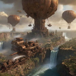 A dynamic representation of Zambia as a steampunk realm, displaying Victoria Falls churning amidst giant cogs, copper cities dotted across the savanna, and steam-powered creatures wandering through the vast wilderness.