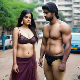 A very beautiful rich girl named Ananya, 21 years old from India, with brown straight hair, Caucasian skin, light makeup, huge round breasts, stocky big body, large butt, wearing a Punjabi black ball gown dress and bra, standing without gesture showing deep cleavage