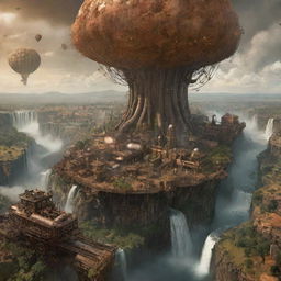 A dynamic representation of Zambia as a steampunk realm, displaying Victoria Falls churning amidst giant cogs, copper cities dotted across the savanna, and steam-powered creatures wandering through the vast wilderness.