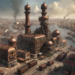 A vision of Angola under the influence of steampunk, featuring the capital, Luanda, with its futuristic skyline intertwined with intricate clockwork, and the rugged interior populated by steam-powered vehicles and machinery.