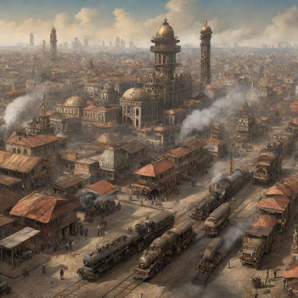 A vision of Angola under the influence of steampunk, featuring the capital, Luanda, with its futuristic skyline intertwined with intricate clockwork, and the rugged interior populated by steam-powered vehicles and machinery.