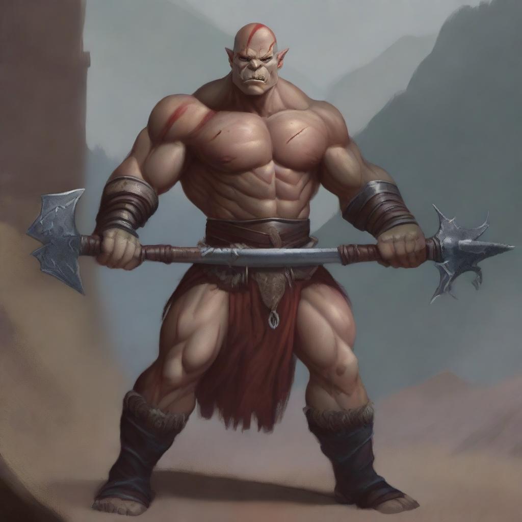 A detailed illustration of a half orc barbarian with no hair and red skin