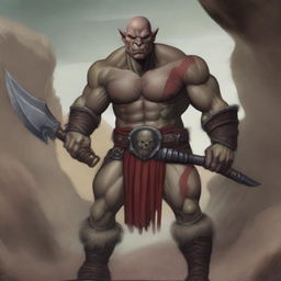 A detailed illustration of a half orc barbarian with no hair and red skin