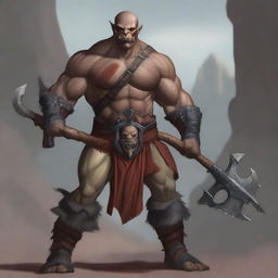 A detailed illustration of a half orc barbarian with no hair and red skin