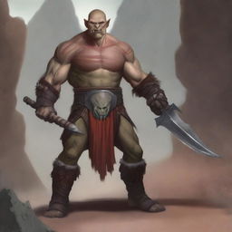 A detailed illustration of a half orc barbarian with no hair and red skin