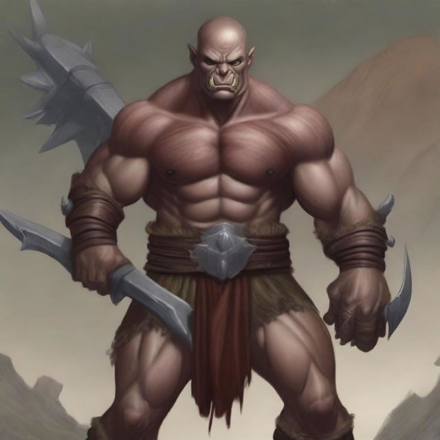 A detailed illustration of a half orc barbarian with no hair and dark red skin