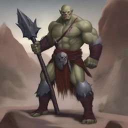 A detailed illustration of a half orc barbarian with no hair and dark red skin