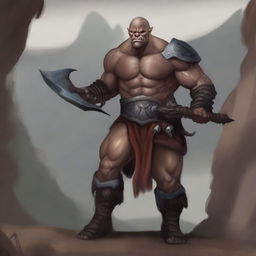 A detailed illustration of a half orc barbarian with no hair and dark red skin