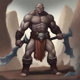 A detailed illustration of a half orc barbarian with no hair and dark red skin