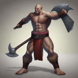 A powerful half orc barbarian with no hair and red skin, holding a massive greataxe