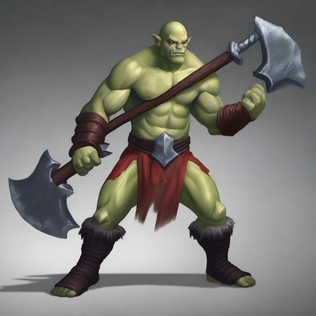 A powerful half orc barbarian with no hair and red skin, holding a massive greataxe