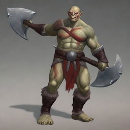 A powerful half orc barbarian with no hair and red skin, holding a massive greataxe