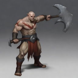 A powerful half orc barbarian with no hair and red skin, holding a massive greataxe