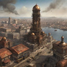 A vision of Angola under the influence of steampunk, featuring the capital, Luanda, with its futuristic skyline intertwined with intricate clockwork, and the rugged interior populated by steam-powered vehicles and machinery.