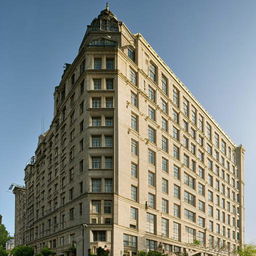 A grand hotel with a towering facade, multiple windows, and elegant architectural design.