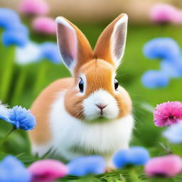 A dwarf rabbit with small ears and blue eyes, sitting in a grassy field