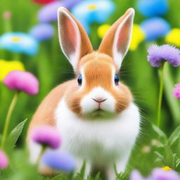 A dwarf rabbit with small ears and blue eyes, sitting in a grassy field