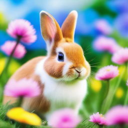 A dwarf rabbit with small ears and blue eyes, sitting in a grassy field