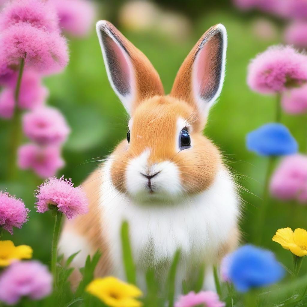 A dwarf rabbit with small ears and blue eyes, sitting in a grassy field