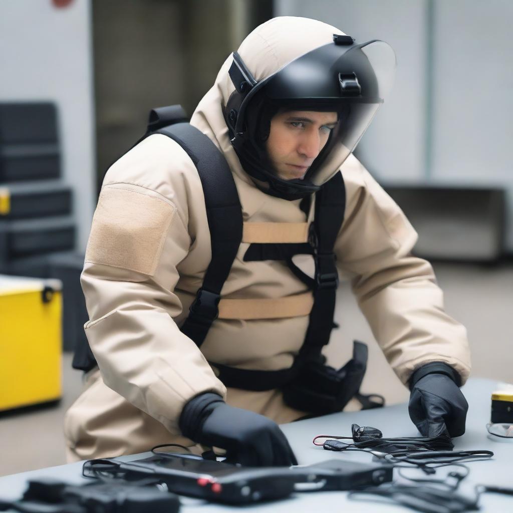 A bomb disposal expert with black hair and amber eyes, wearing protective gear and focused on defusing a complex device