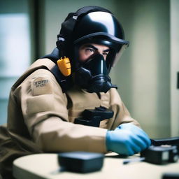 A bomb disposal expert with black hair and amber eyes, wearing protective gear and focused on defusing a complex device