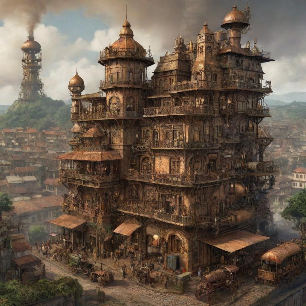 A steampunk-themed rendition of Cameroon, showcasing cities like Yaoundé with an interplay of classic architecture and intricate machinery, rainforests buzzing with mechanical wildlife, and traditional villages enhanced with rusted cogwork.