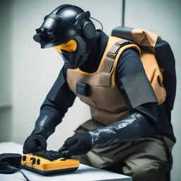 A bomb disposal expert with black hair and amber eyes, wearing protective gear and focused on defusing a complex device