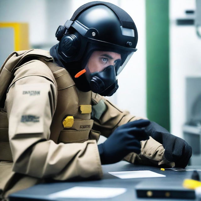 A bomb disposal expert with black hair and amber eyes, wearing protective gear and focused on defusing a complex device