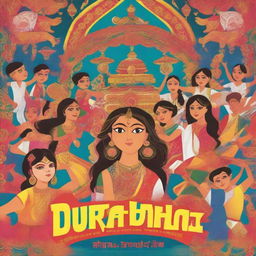 A book cover for নাটকের কল্পকথা featuring a vibrant and colorful illustration blending traditional elements of Durga Puja with modern technology