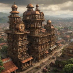 A steampunk-themed rendition of Cameroon, showcasing cities like Yaoundé with an interplay of classic architecture and intricate machinery, rainforests buzzing with mechanical wildlife, and traditional villages enhanced with rusted cogwork.