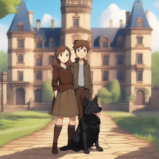 A boy and a girl, twins with brown hair and brown eyes, standing in front of a grand castle