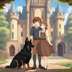 A boy and a girl, twins with brown hair and brown eyes, standing in front of a grand castle