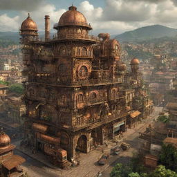 A steampunk-themed rendition of Cameroon, showcasing cities like Yaoundé with an interplay of classic architecture and intricate machinery, rainforests buzzing with mechanical wildlife, and traditional villages enhanced with rusted cogwork.