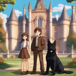 A boy and a girl, twins with brown hair and brown eyes, standing in front of a grand castle