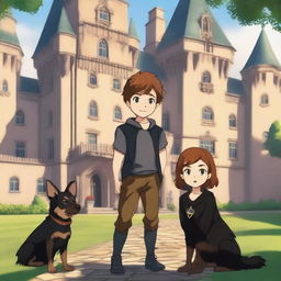 A boy and a girl, twins with brown hair and brown eyes, standing in front of a grand castle