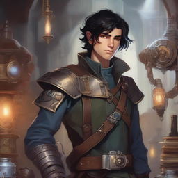 A portrait of a 20-year-old male Dungeons and Dragons character from the Artificer class