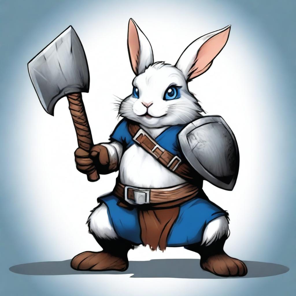 A dwarf rabbit with blue eyes and small ears, depicted as a berserker warrior without armor, wielding a large axe