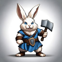 A dwarf rabbit with blue eyes and small ears, depicted as a berserker warrior without armor, wielding a large axe