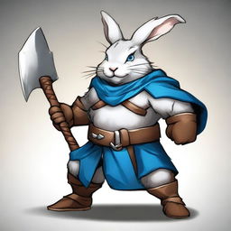 A dwarf rabbit with blue eyes and small ears, depicted as a berserker warrior without armor, wielding a large axe