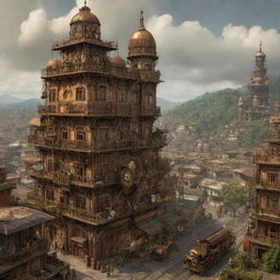 A steampunk-themed rendition of Cameroon, showcasing cities like Yaoundé with an interplay of classic architecture and intricate machinery, rainforests buzzing with mechanical wildlife, and traditional villages enhanced with rusted cogwork.