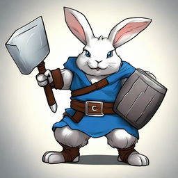 A dwarf rabbit with blue eyes and small ears, depicted as a berserker warrior without armor, wielding a large axe