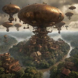 A surreal projection of the Central African Republic with a steampunk overlay: envision urban landscapes invaded by bronze machinery, wilderness areas teeming with steam-driven creatures, and airships hovering over the vibrant rainforest canopy.