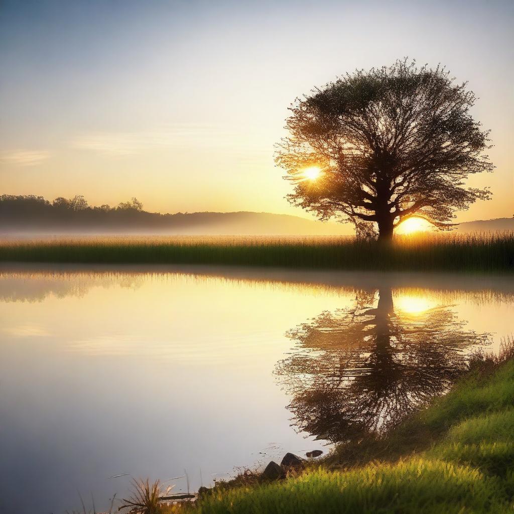 A serene morning scene with the sun rising over a peaceful landscape