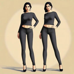 Create an image of a Persian woman wearing black trousers and short see-through nylons, with her shoes off