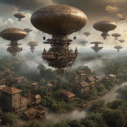 A surreal projection of the Central African Republic with a steampunk overlay: envision urban landscapes invaded by bronze machinery, wilderness areas teeming with steam-driven creatures, and airships hovering over the vibrant rainforest canopy.