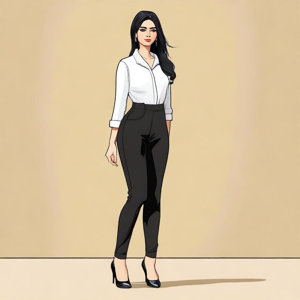 Create an image of a Persian woman wearing black trousers and short see-through nylons, with her shoes off