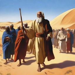 A depiction of Moses leading his people through the desert