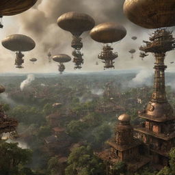 A surreal projection of the Central African Republic with a steampunk overlay: envision urban landscapes invaded by bronze machinery, wilderness areas teeming with steam-driven creatures, and airships hovering over the vibrant rainforest canopy.