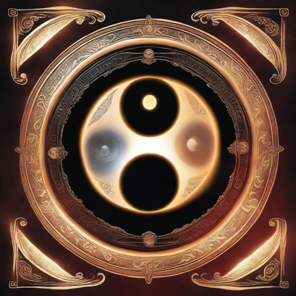 Generate a sacred book cover style image of a mystical world where heroes with various powers engage in an epic battle between celestial Yin and Yang energies